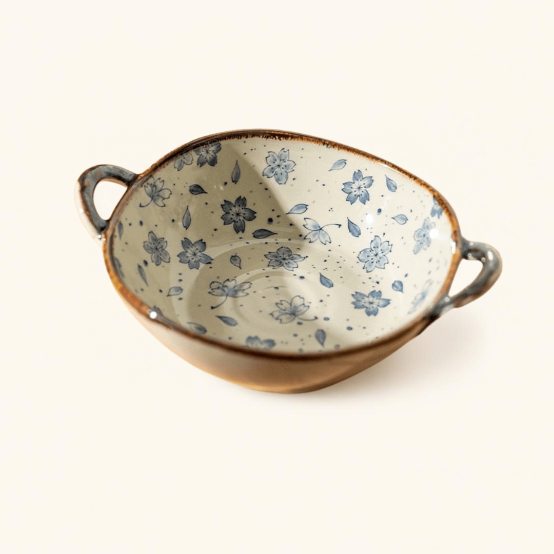 Hikaru ceramic bowl in Cornflower, floral pattern with brown rim