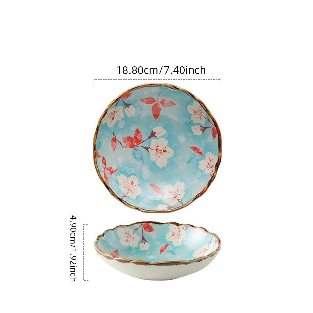 Ceramic plate with floral design and measurements on a white background