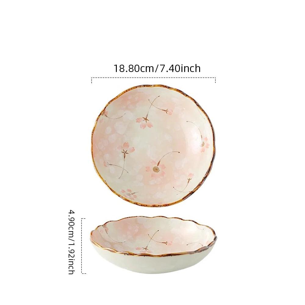 Two ceramic bowls with floral patterns and measurements on a white background