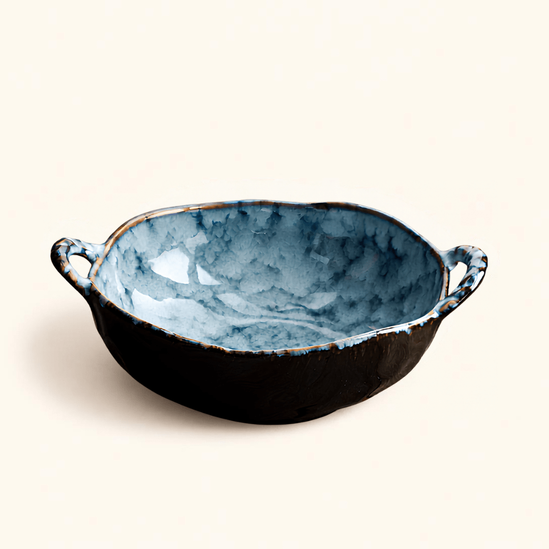 Aurora reactive glaze ceramic bowl in marble blue-gray