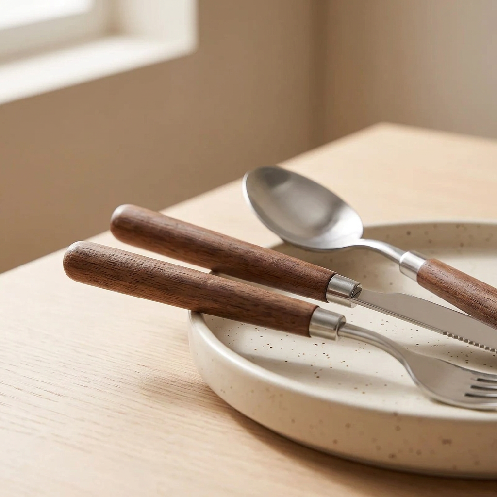 Closeup 1:1 product listing image of the walnut flatware set, flatware as focal point with speckled stoneware secondary