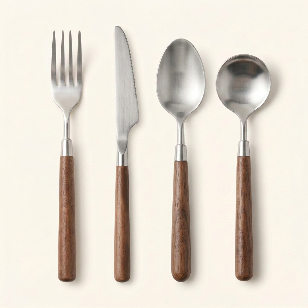 Flatware set with the oval spoon handle corrected to a fully wooden bottom