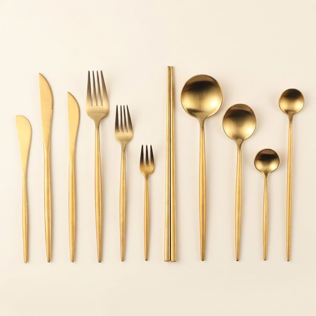Gold flatware on a plain cream background with soft shadows