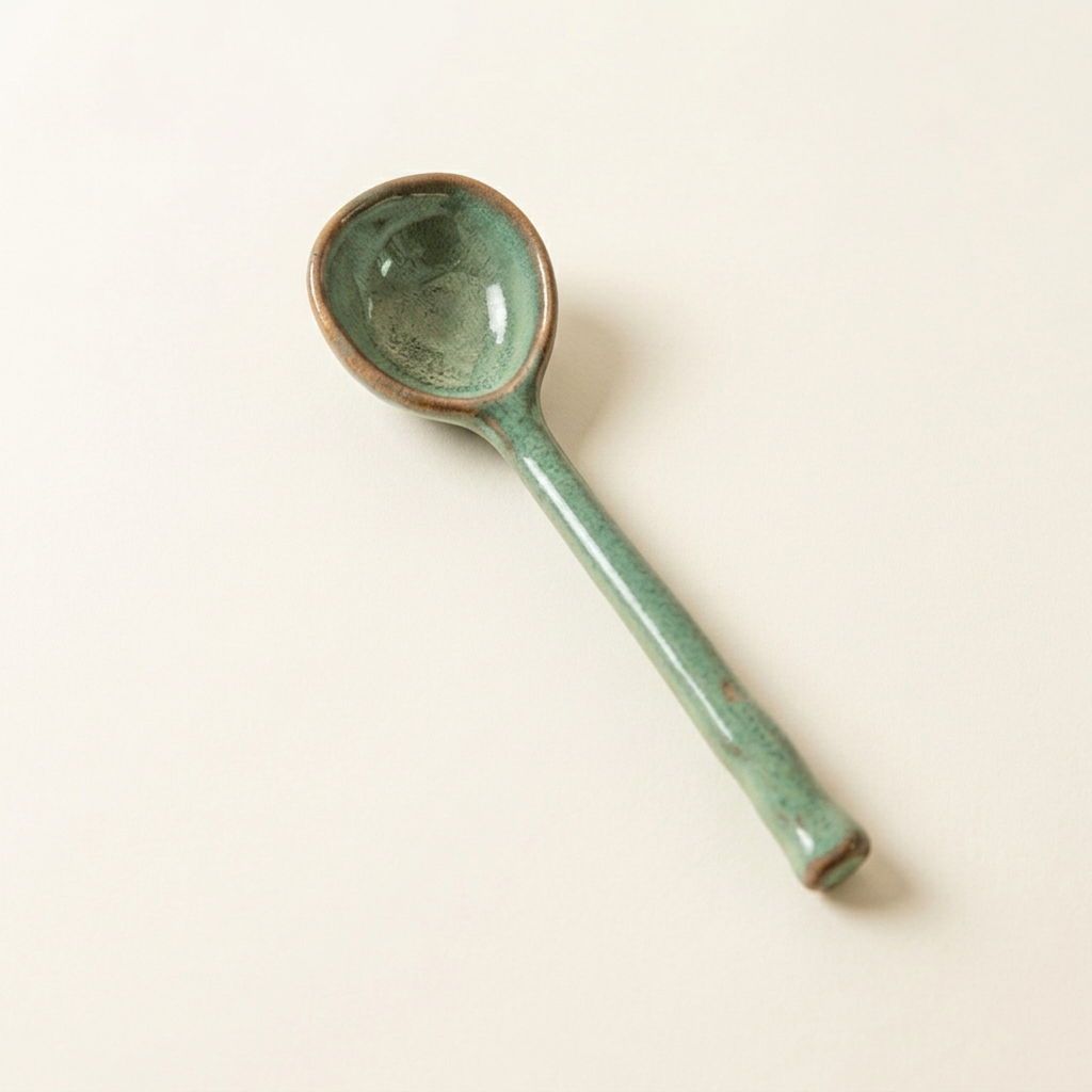 Green-glazed Sora spoon on a plain warm-white background