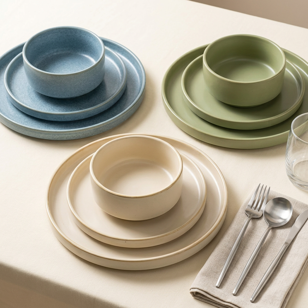 Mochi dinnerware in cream, blue, and green with silver Noa flatware