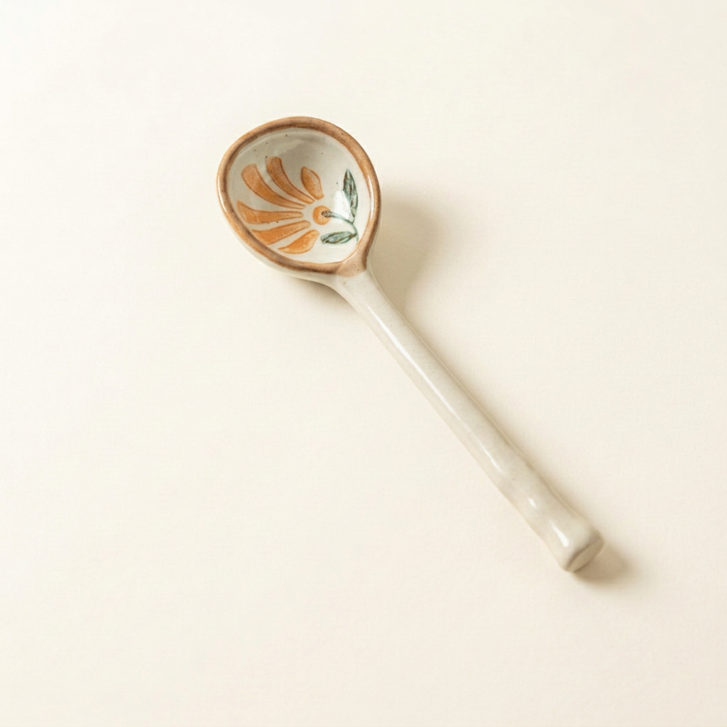 Orange-flower Sora spoon on a plain warm-white background