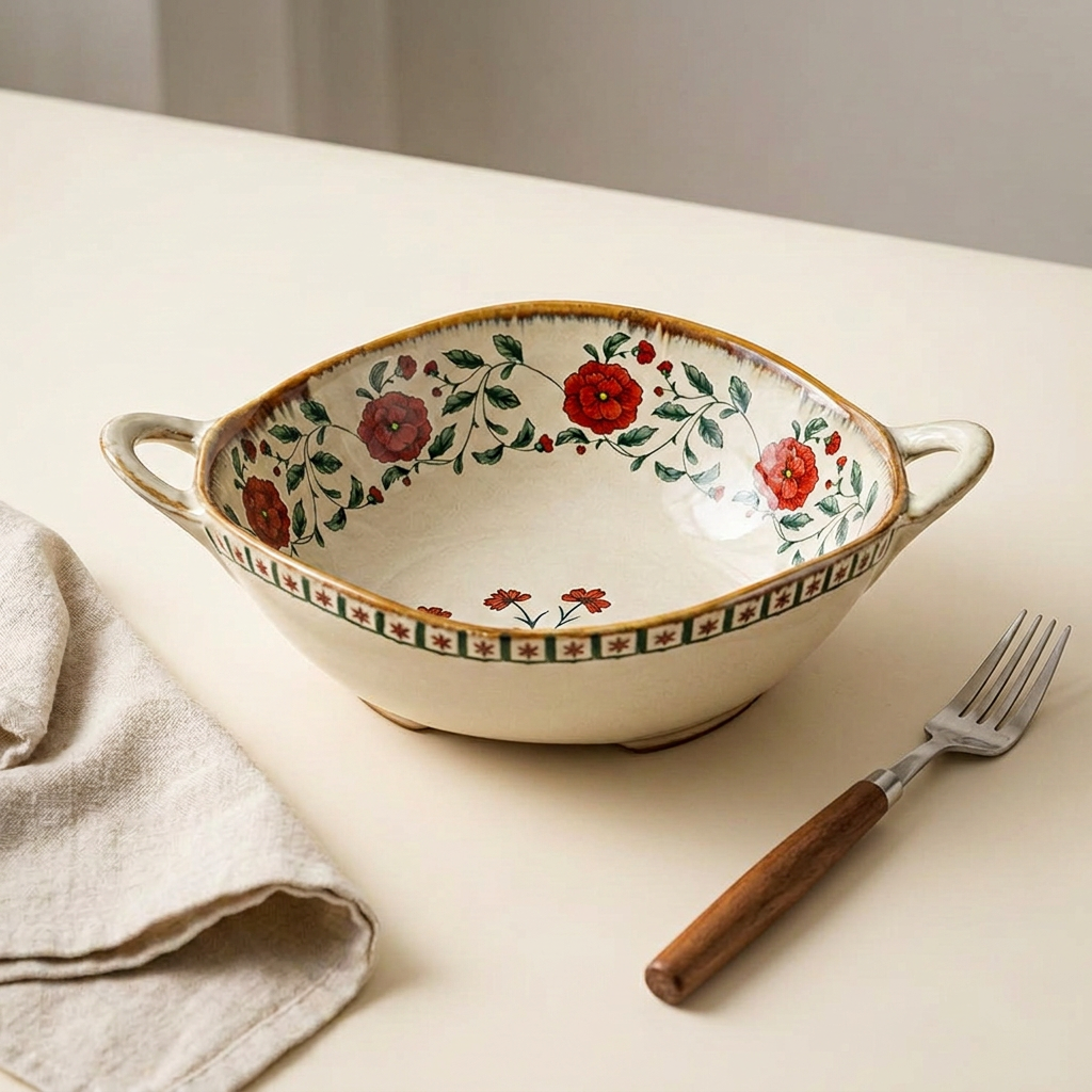 Red floral bowl with wood-handled flatware
