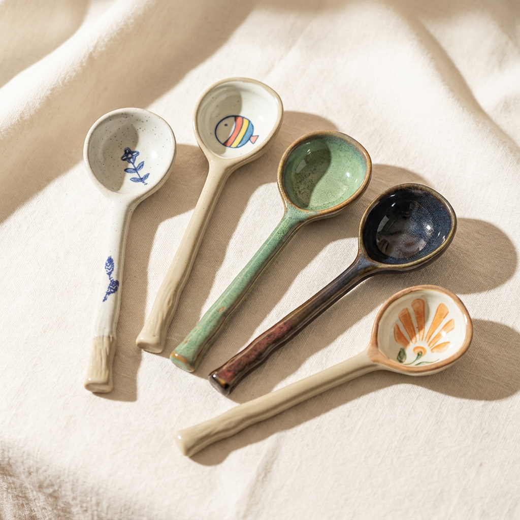 Sora soup spoons on plain warm-white linen
