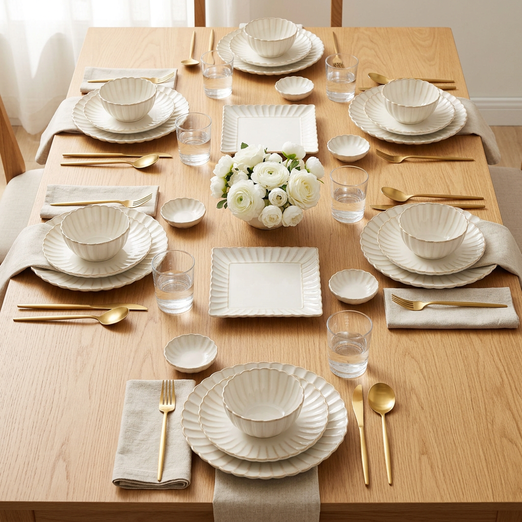 Square table setting for six with scalloped ivory dinnerware and gold flatware