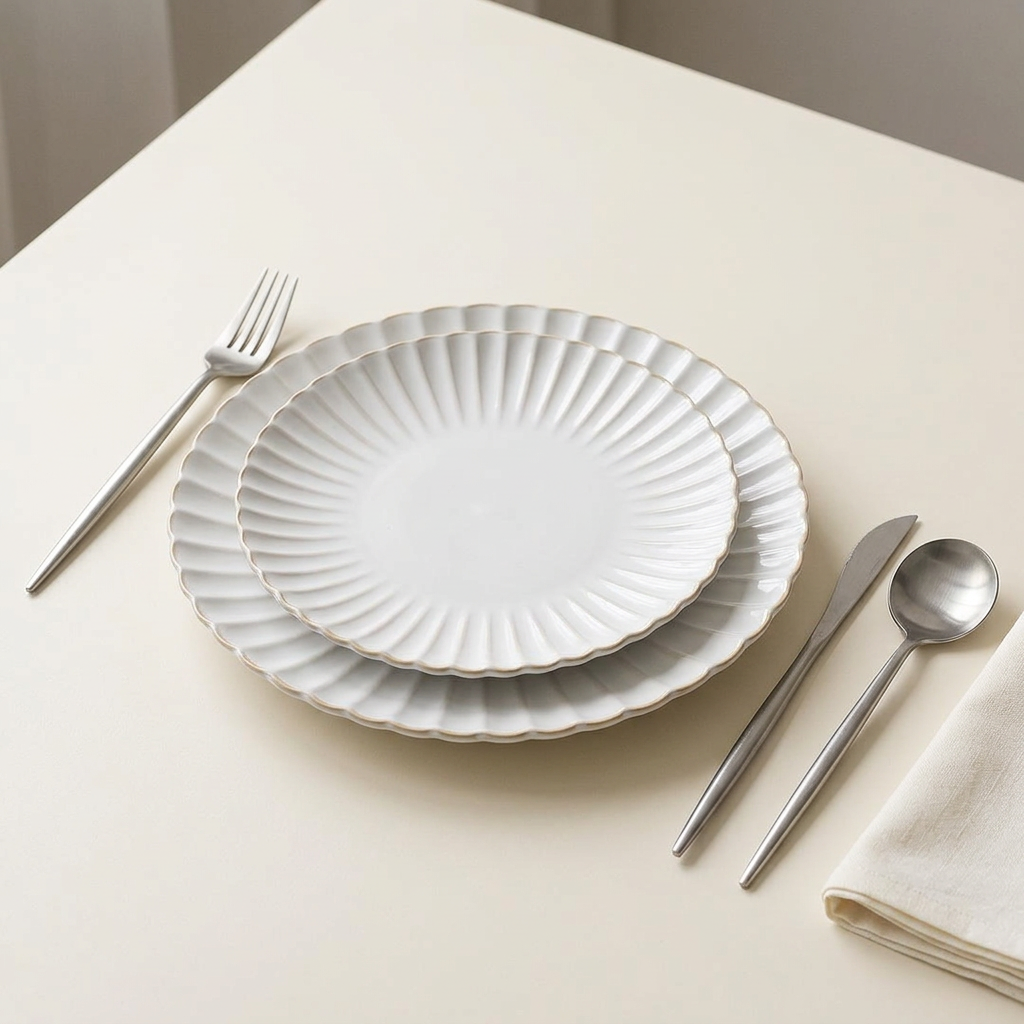 Stacked Aiko plates with Stockholm flatware on a clean tabletop