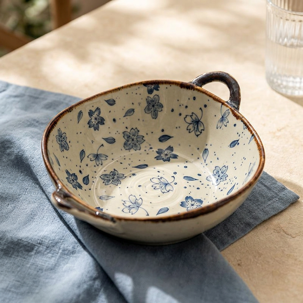 Sunlit limestone and dusty blue linen bowl close-up