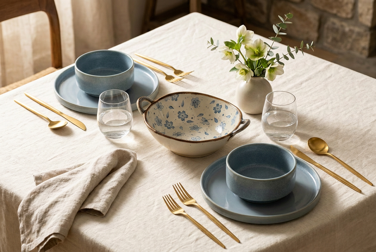 Table setting with bowl proportions adjusted to 15 cm blue bowls and a 22 cm floral bowl