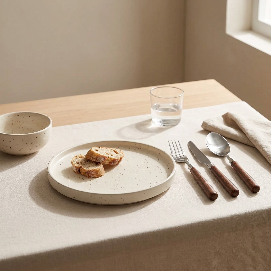1:1 lifestyle image of the walnut flatware set in a simple table setting with the attached speckled stoneware dinnerware