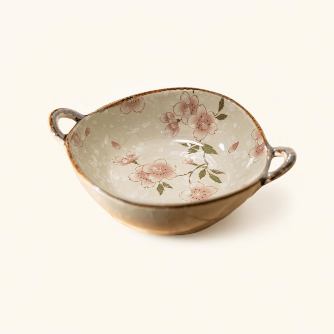 Hikaru ceramic bowl in Blossom, floral pattern with brown rim