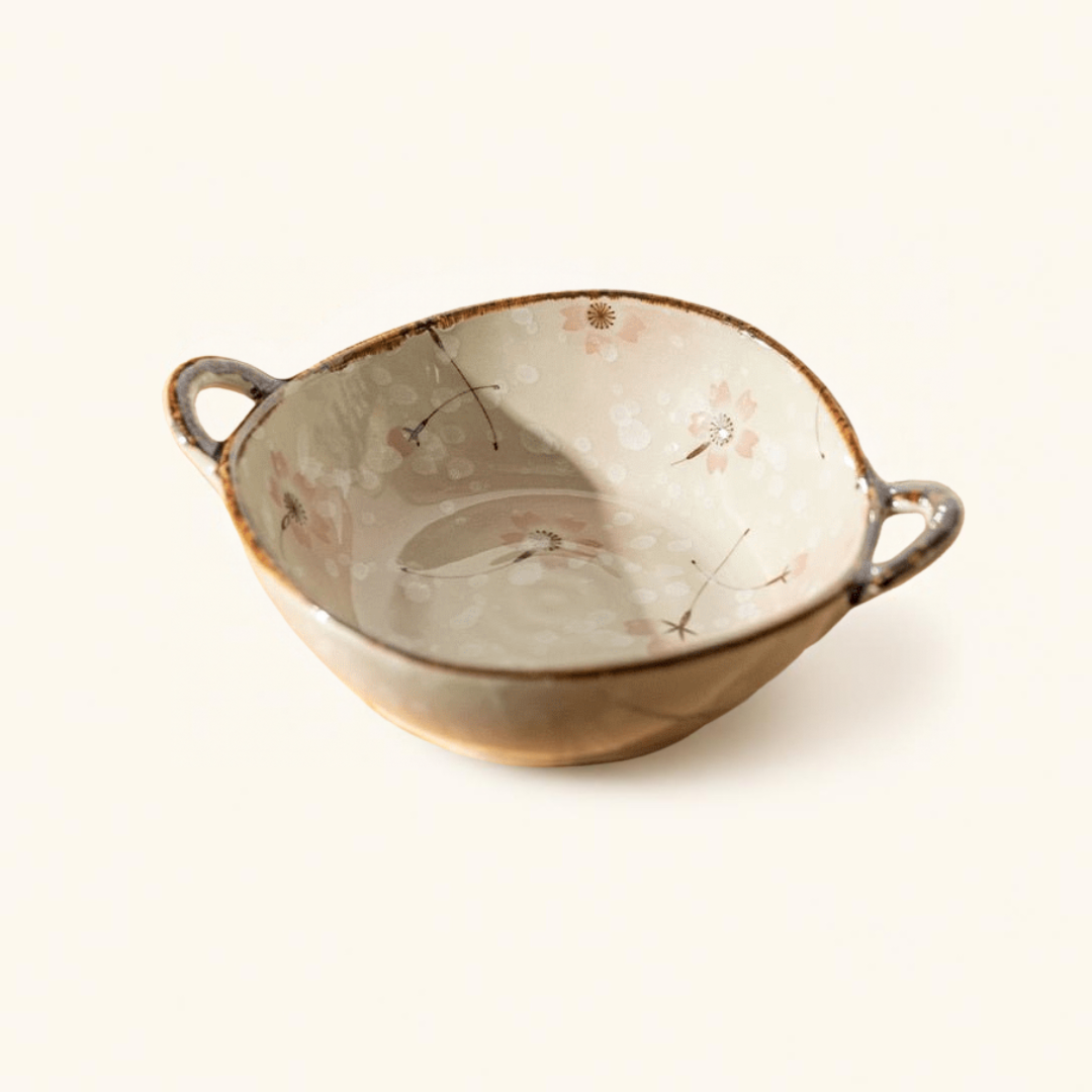 Hikaru ceramic bowl in Whisper, floral pattern with brown rim