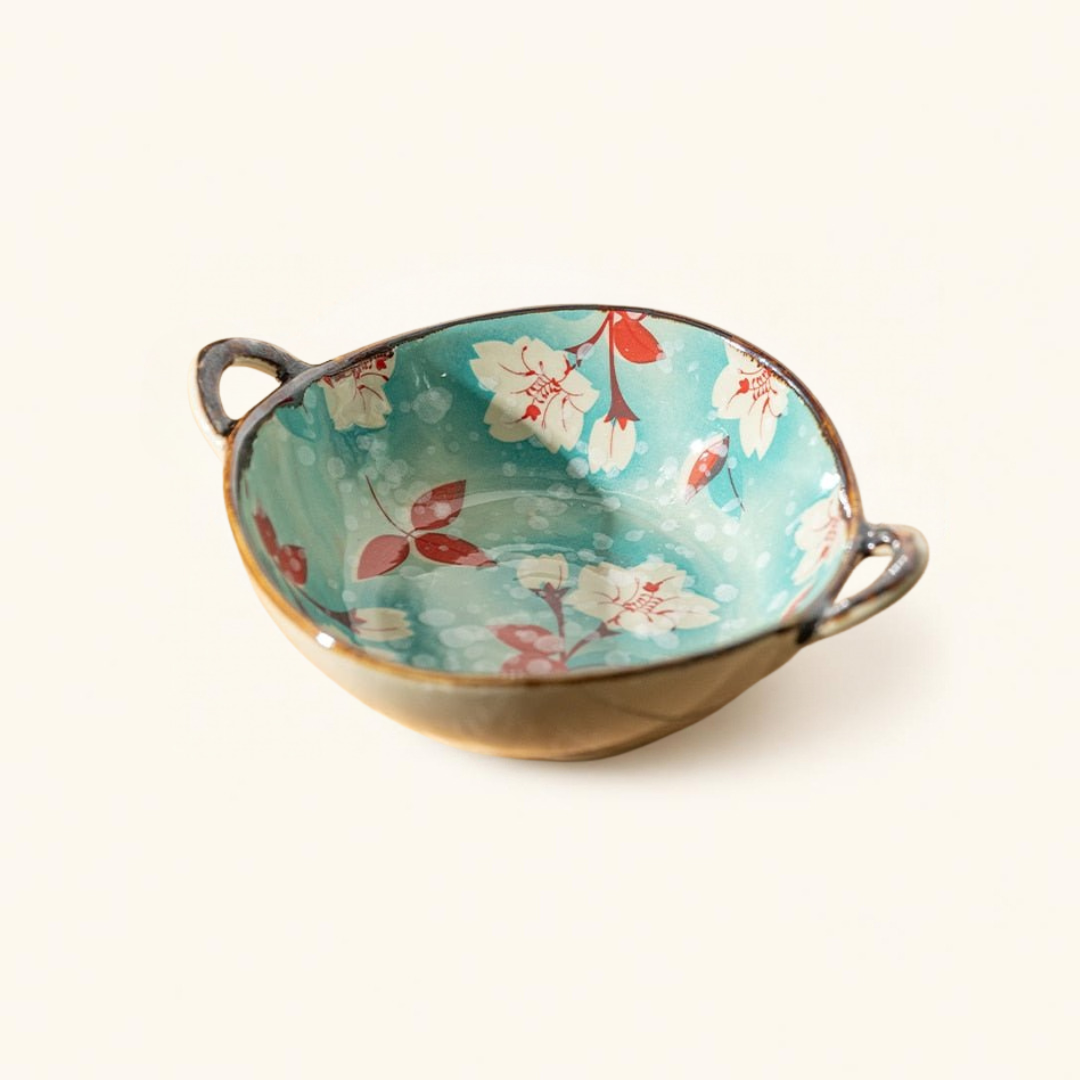 Hikaru ceramic bowl in Camellia, floral pattern with brown rim