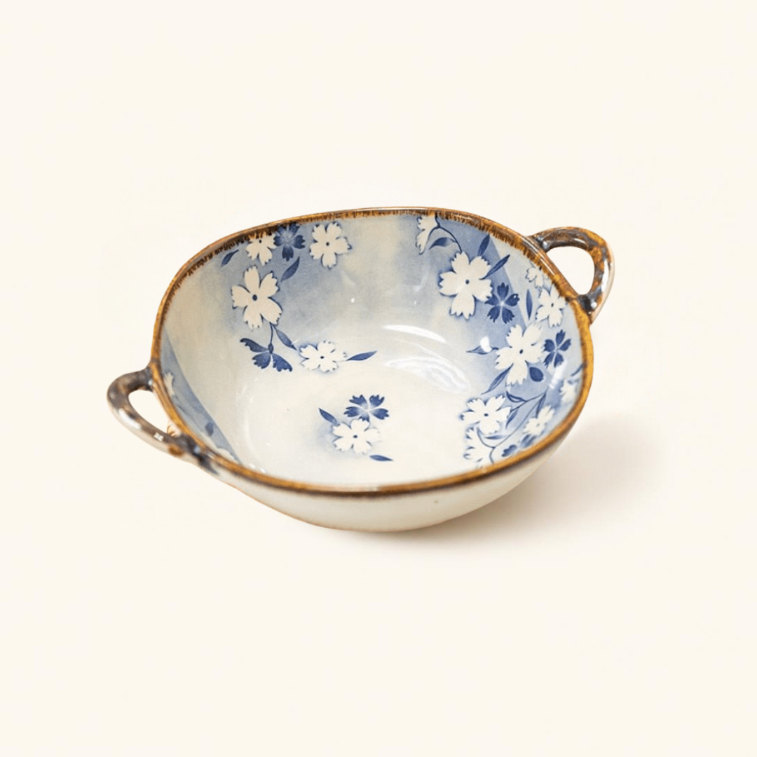 Hikaru ceramic bowl in Hydrangea, floral pattern with brown rim