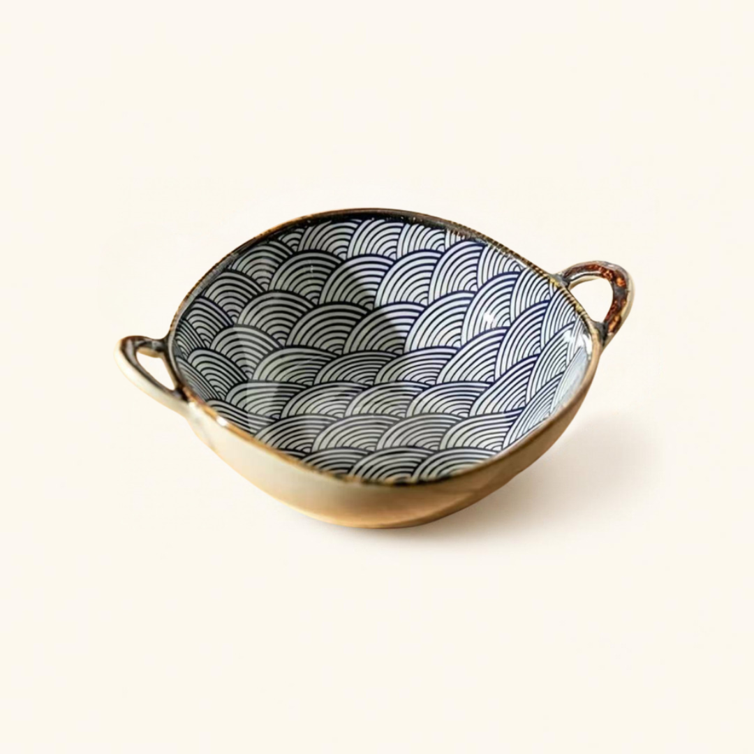 Hikaru ceramic bowl in Ripple, floral pattern with brown rim