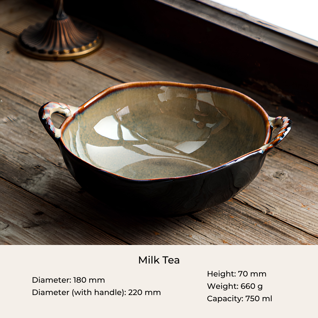 A ceramic milk tea bowl with a glossy dark brown exterior and a warm beige glazed interior, shown on a rustic wooden surface. Text at the bottom lists the product name 'Milk Tea' and dimensions, weight, and capacity.