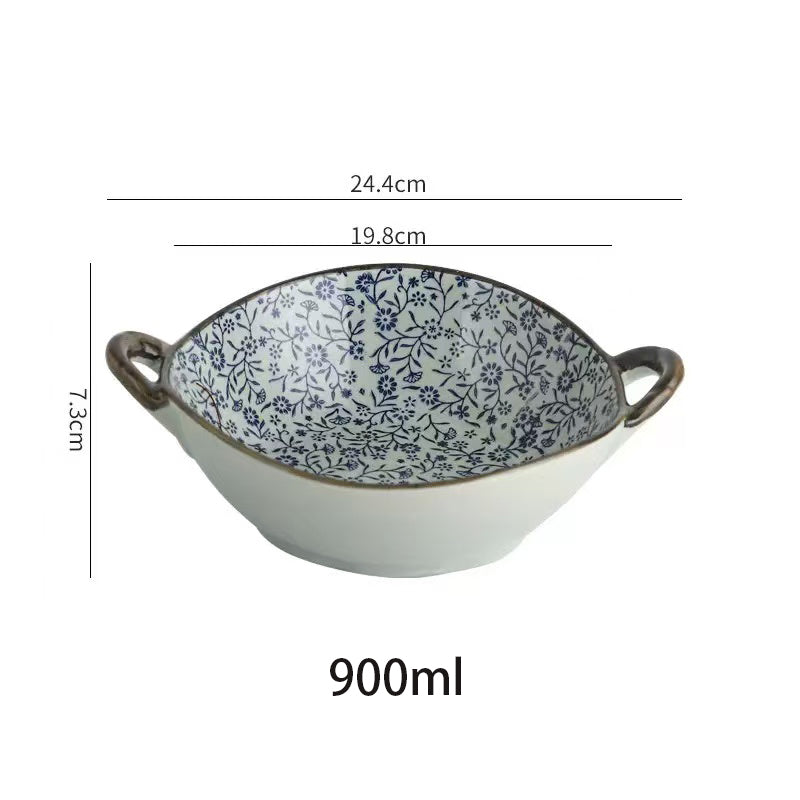 A ceramic bowl with two handles, shown with dimension lines and text indicating its measurements: 24.4 cm in width, 19.