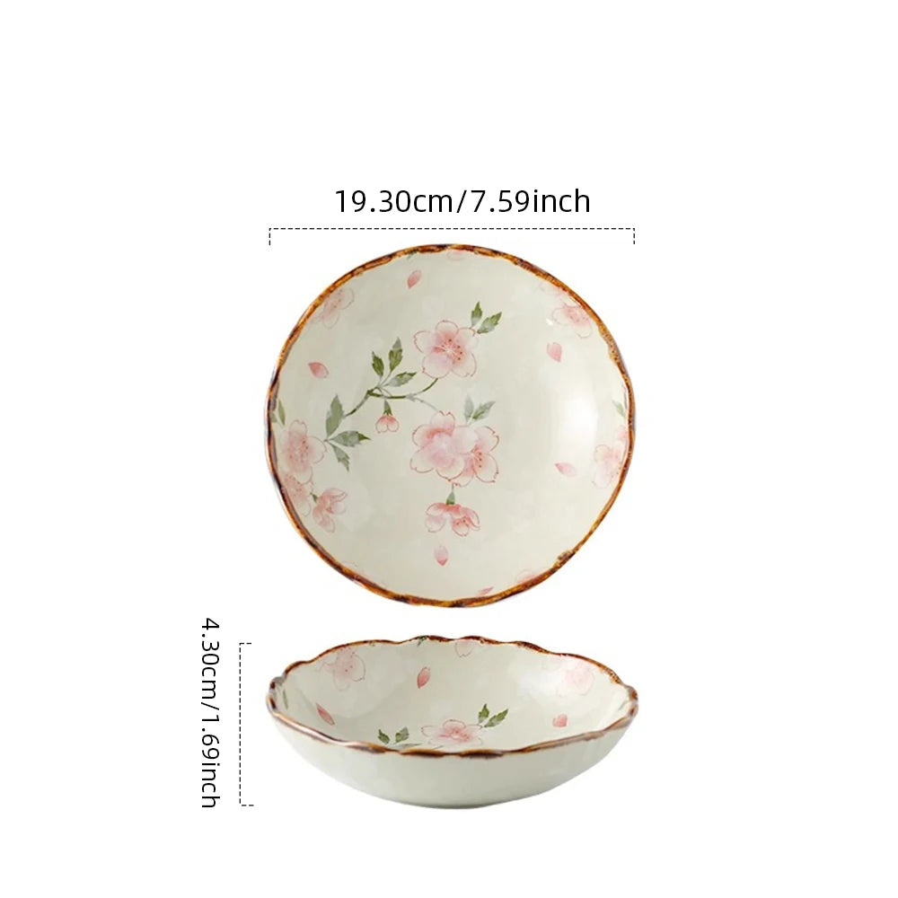 Ceramic bowl with floral design and measurements on a white background