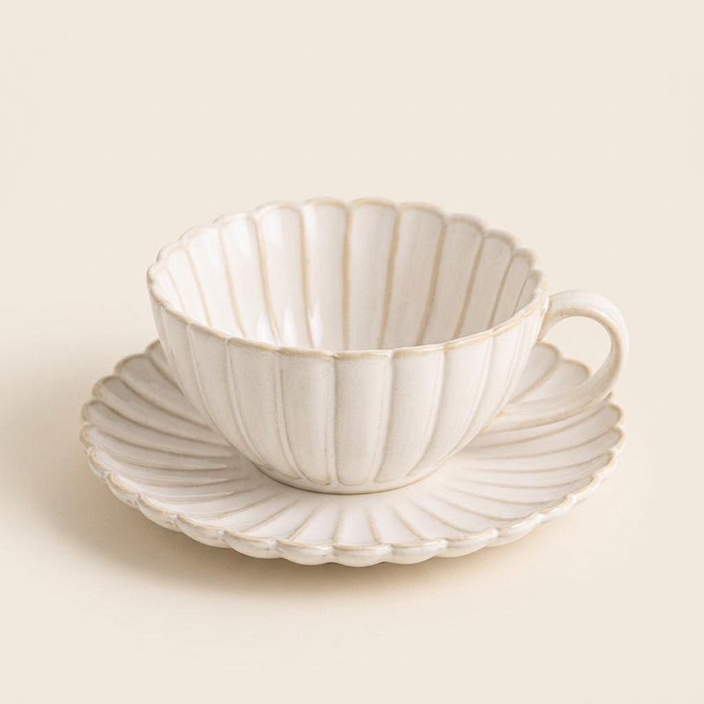 Aiko cup and saucer on a plain cream background