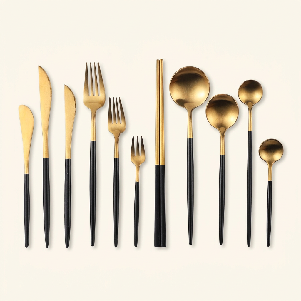 Black-and-gold flatware on a plain cream background with soft shadows