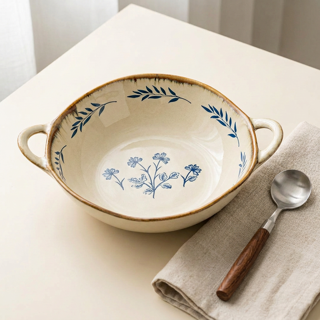 Blue botanical bowl with wood-handled flatware