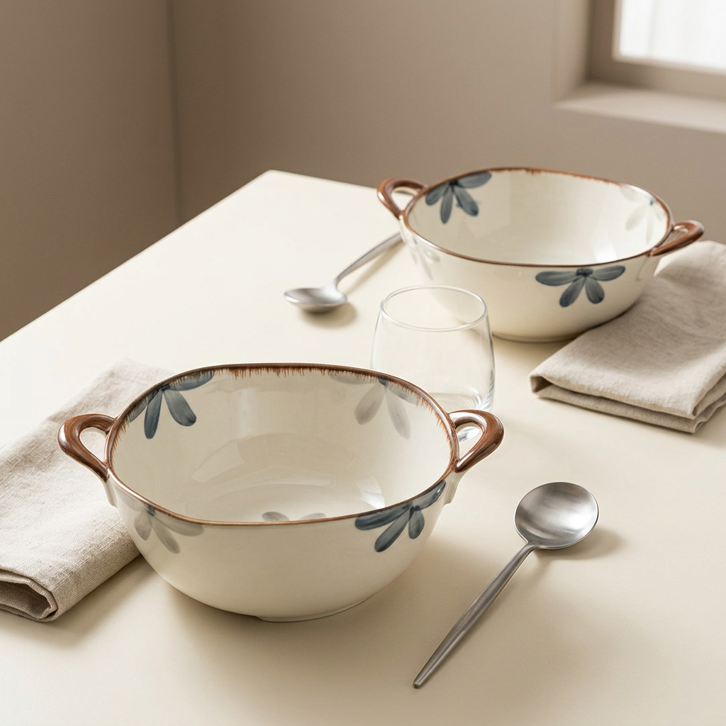 Bluebell soup bowls in a neutral square table setting