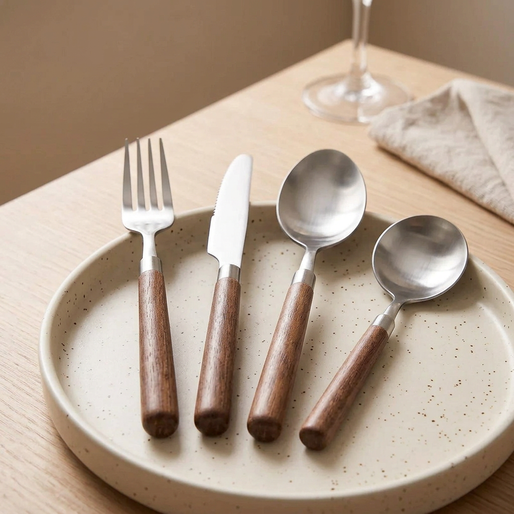 Closeup 1:1 listing image of the walnut flatware set from a higher overhead angle with a round-bowled spoon on the right