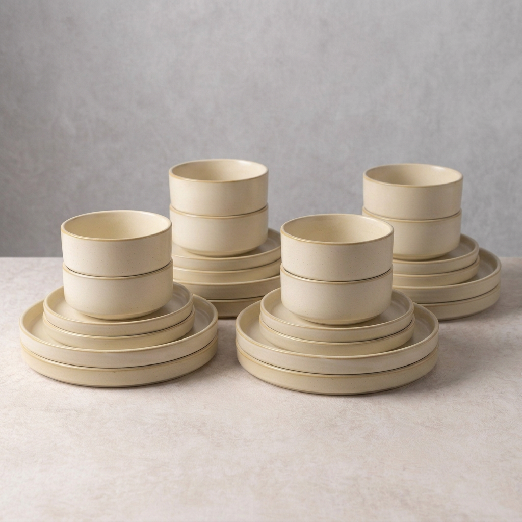 Cream eight-person set in a compact square arrangement