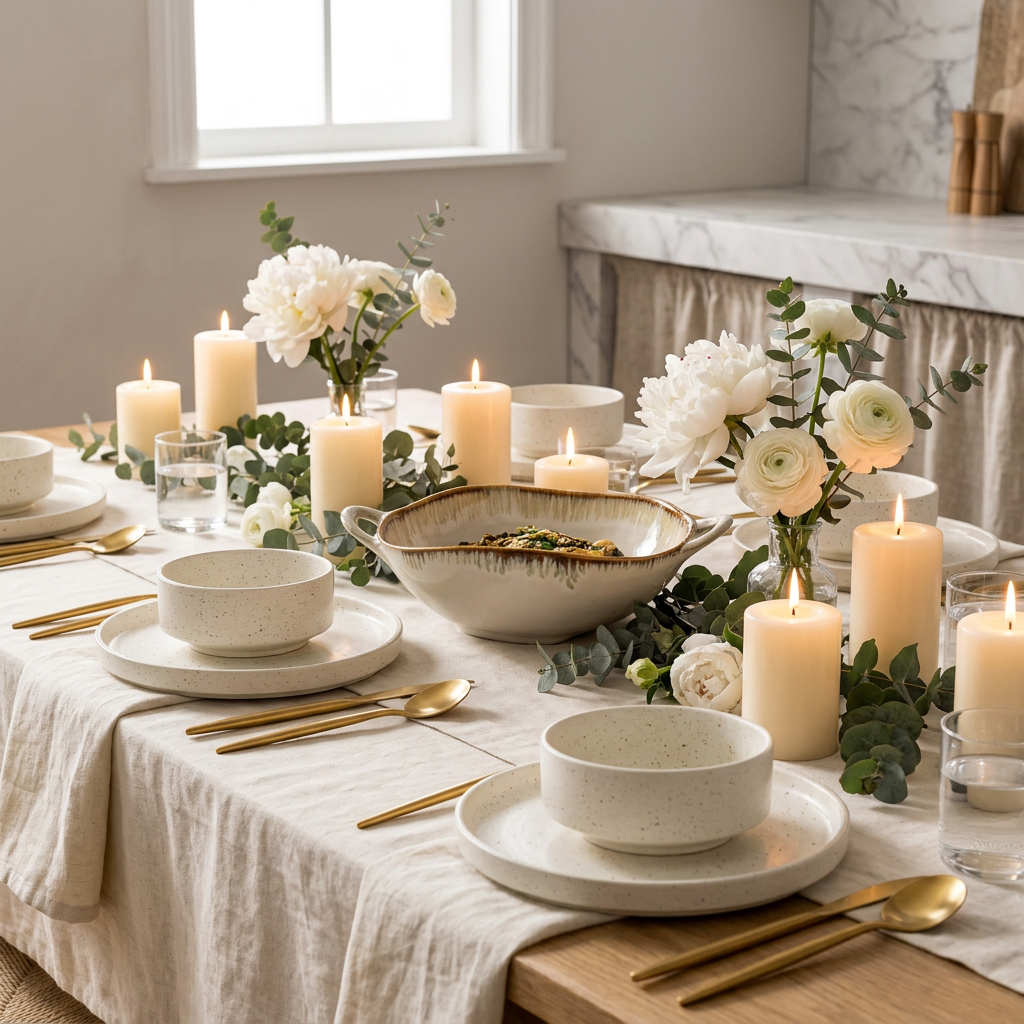 Elegant dinner party table styled with cream stoneware and gold flatware