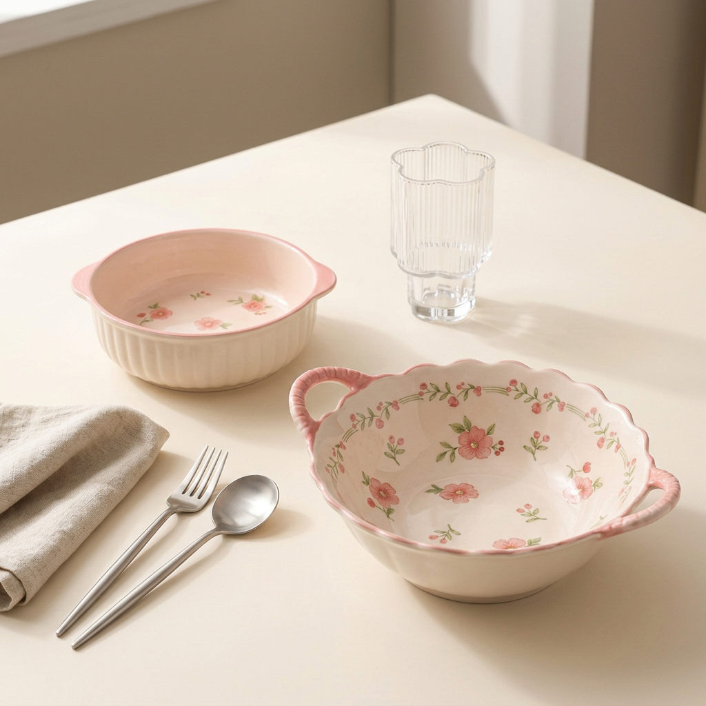 Empty floral bowls in an afternoon table setting