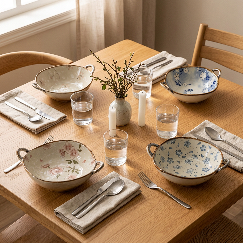 Four mixed floral Hikaru bowls on a table set for dinner