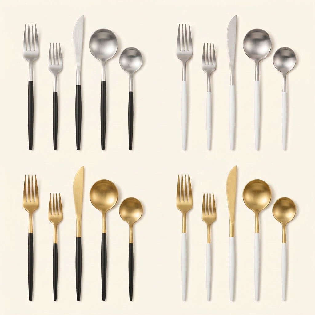 Four two-tone flatware sets with brushed satin finishes