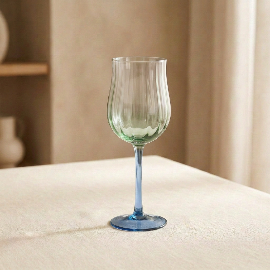 Green-and-blue tall glass with soft vertical ribbing