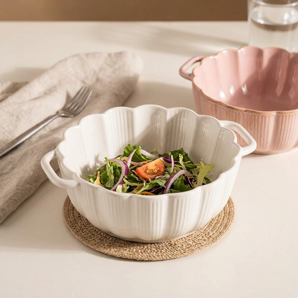 Ivory and blush pink bowls in a simple table setting