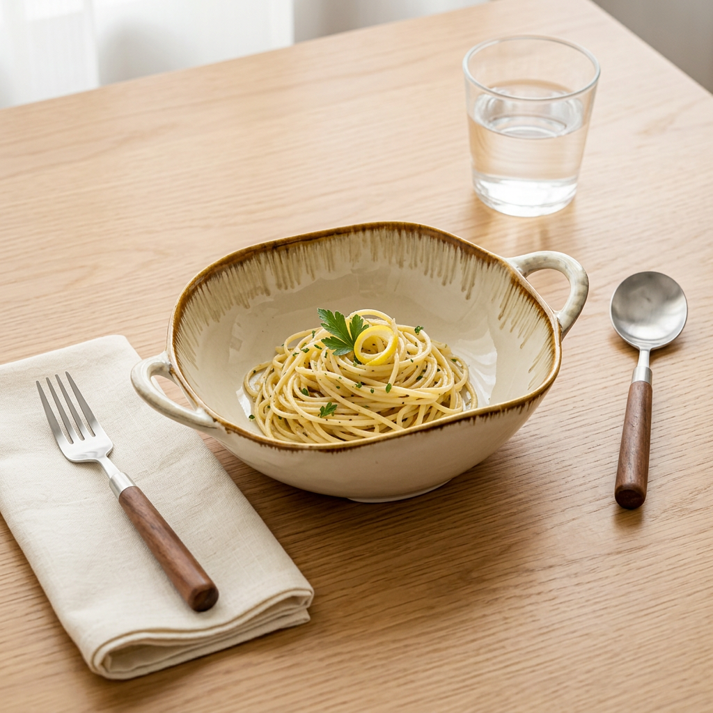 Kohaku bowl with pasta and wooden-handled flatware on light oak