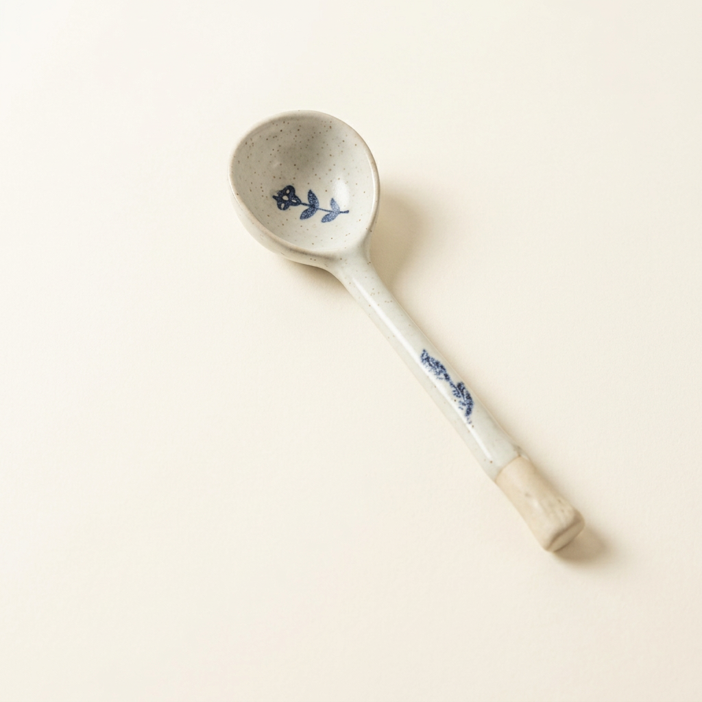 Sora soup spoon on a plain warm-white background