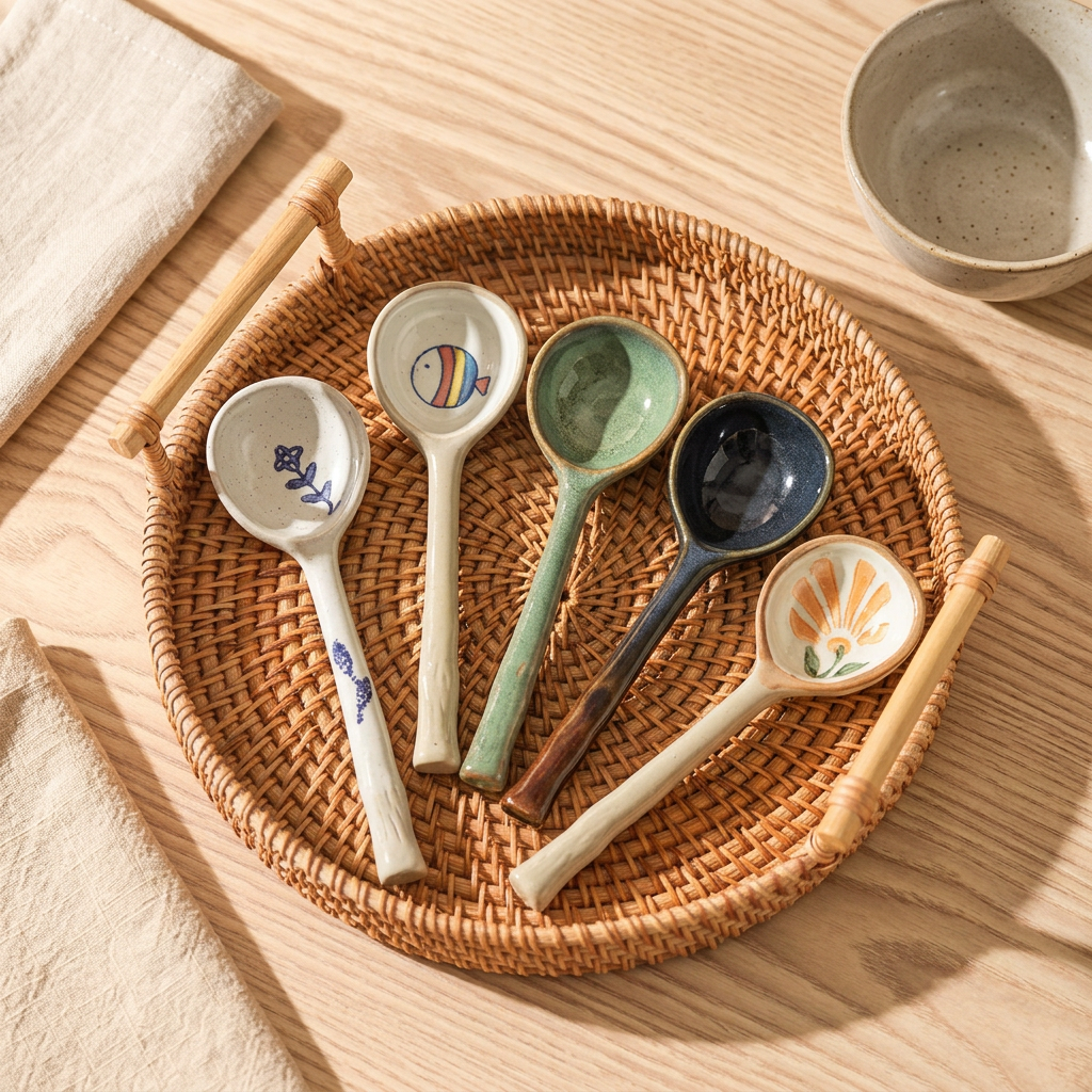 Sora soup spoons styled on a rattan tray