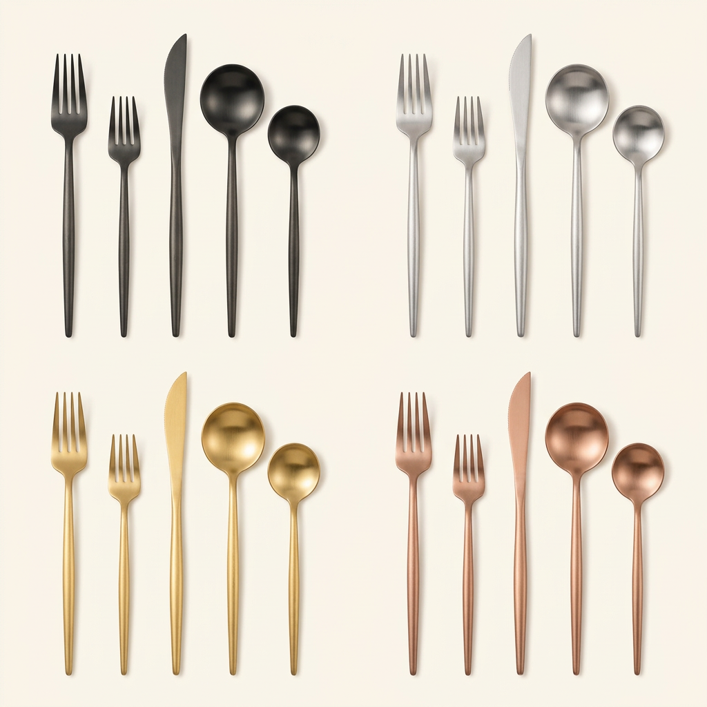 Square flatware cover photo with black and silver sets above gold and rose gold sets