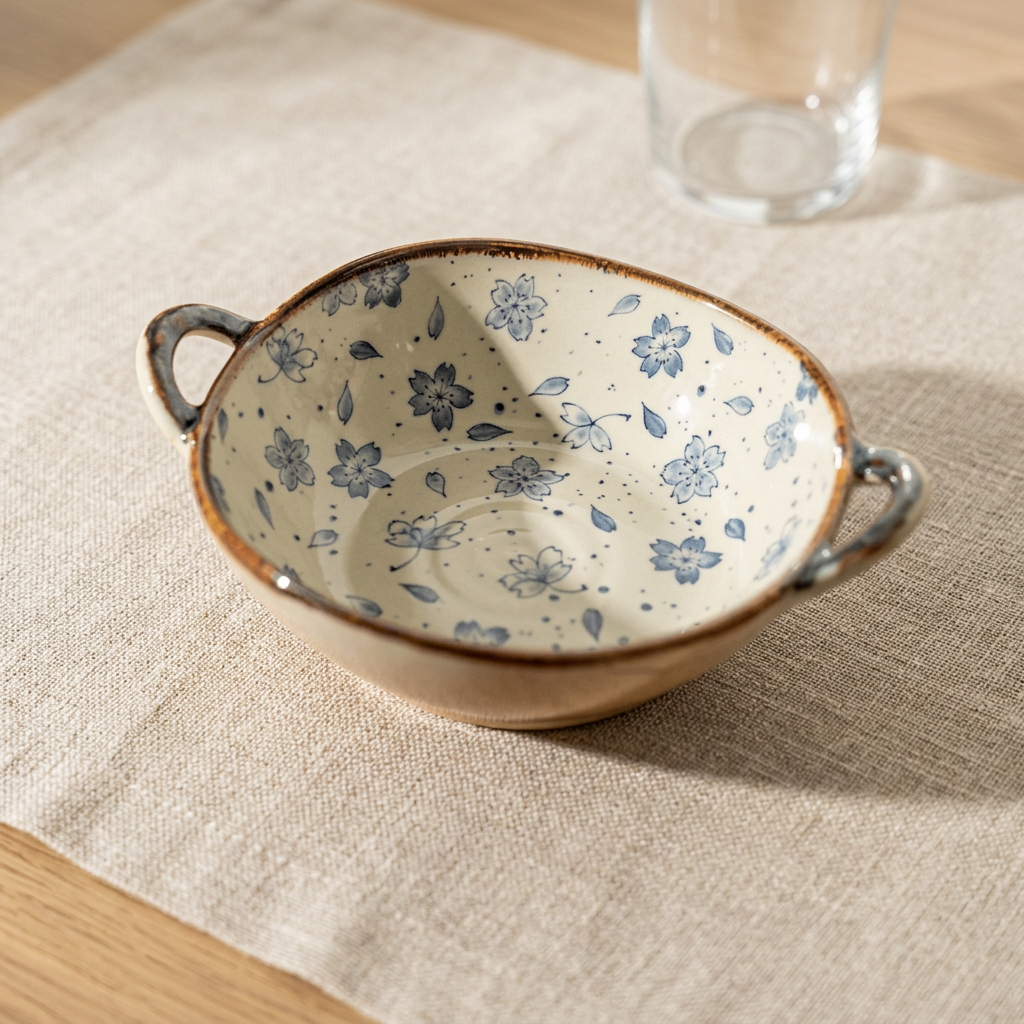 Square floral bowl product image highlighting the glossy glaze and warm brown rim