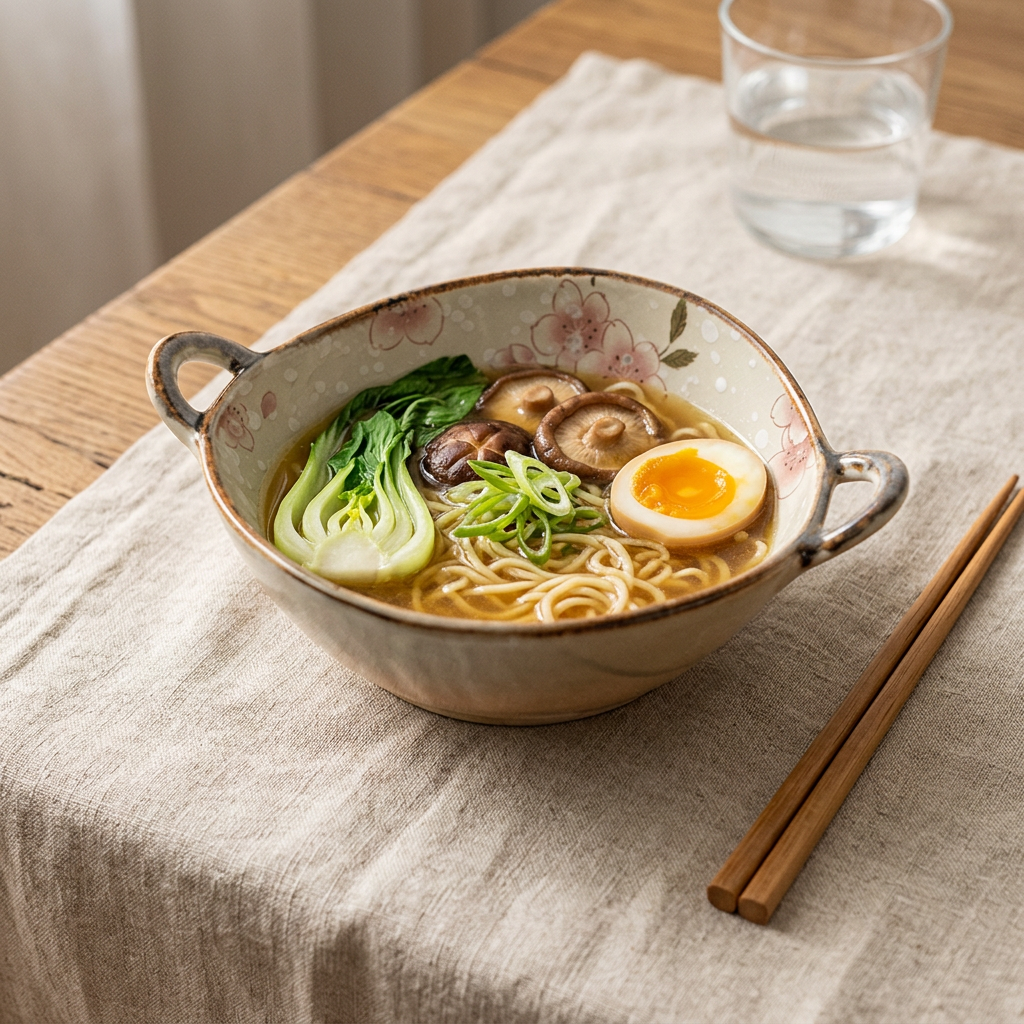 Square image of the pink floral bowl filled with ramen, showing both handles