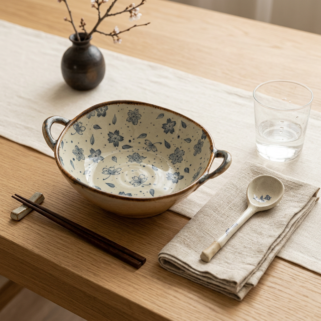 Square table setting featuring the Hikaru Bowl and Sora Soup Spoon