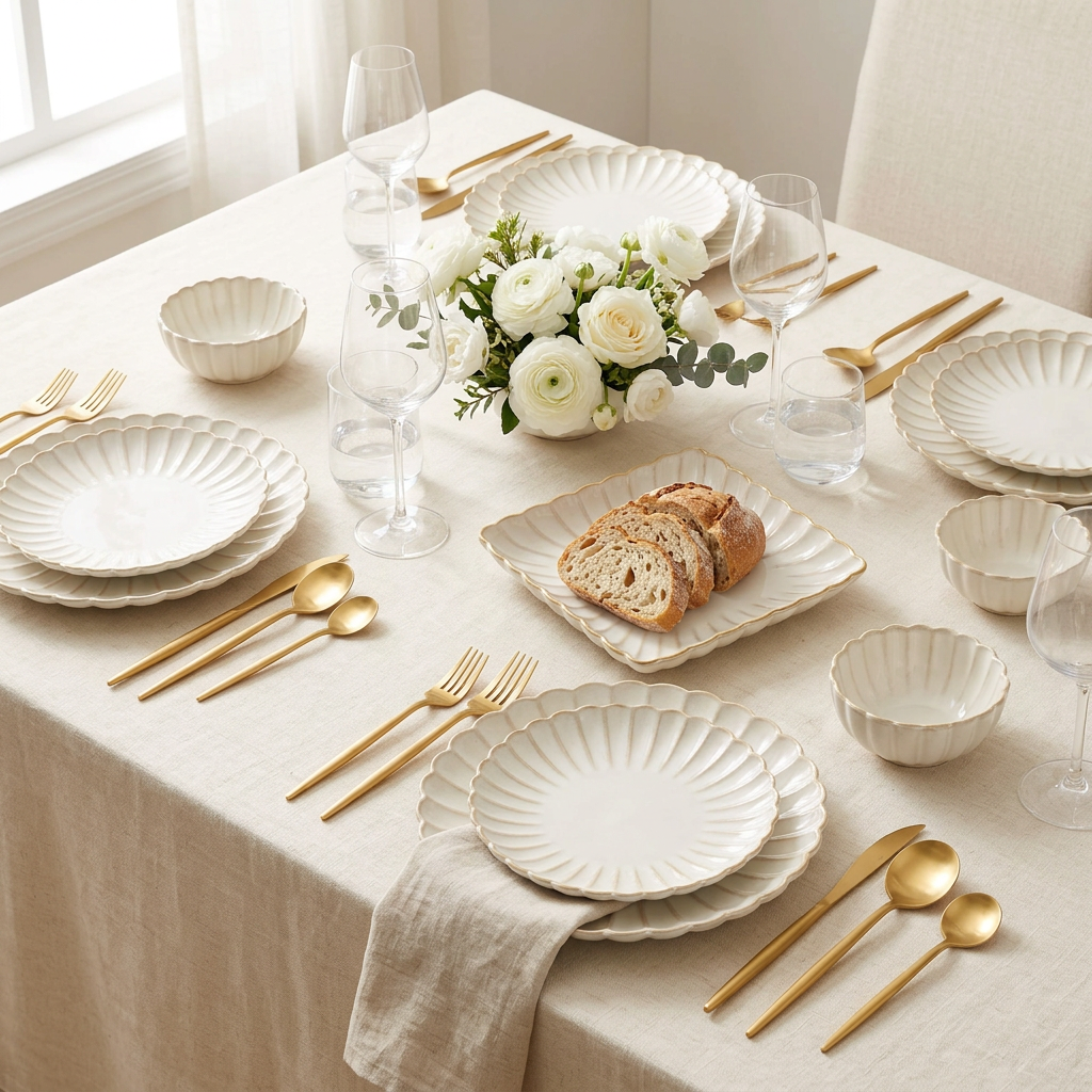 Square table setting with ivory scalloped dinnerware and gold flatware