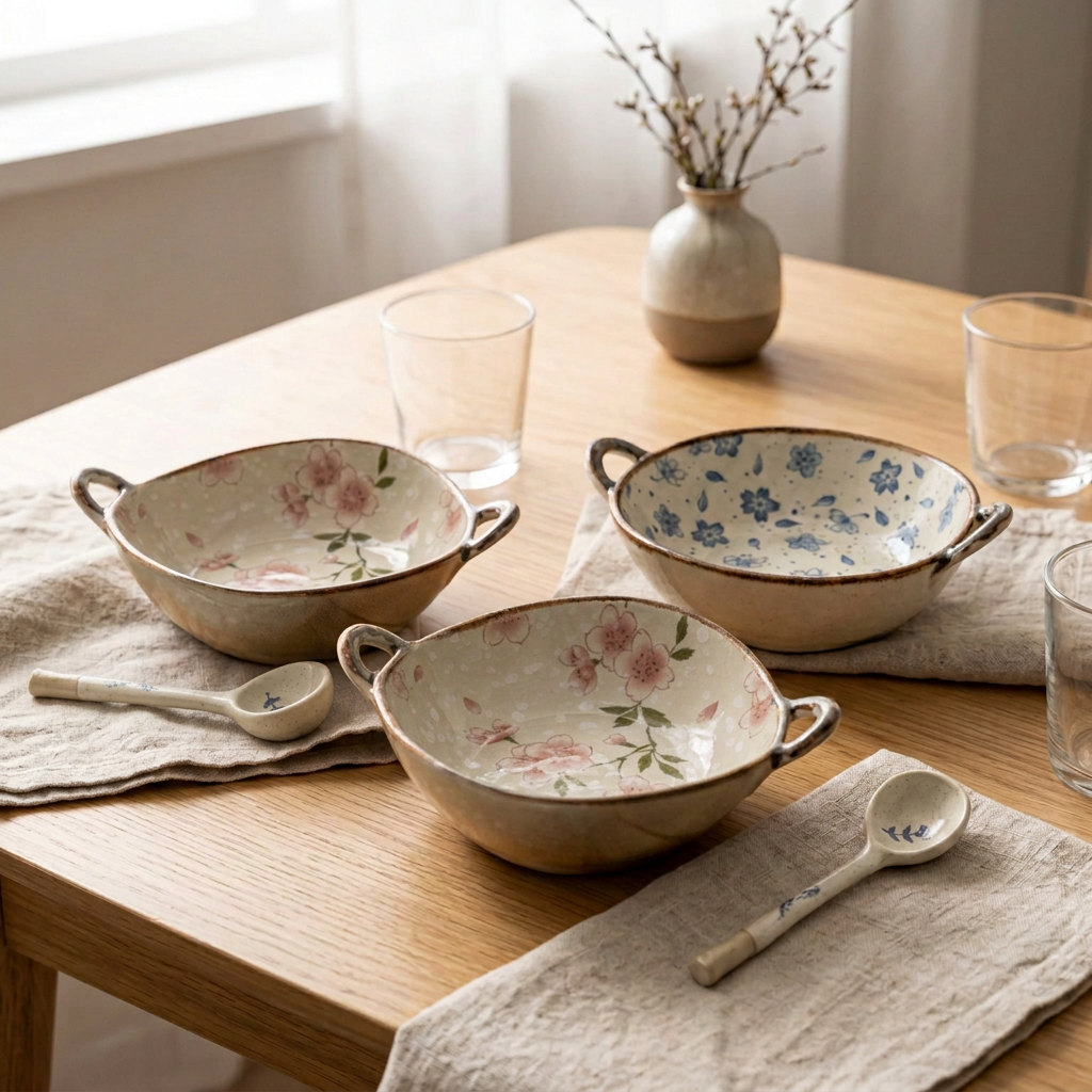 Table setting with a deeper scoop on the left ceramic spoon
